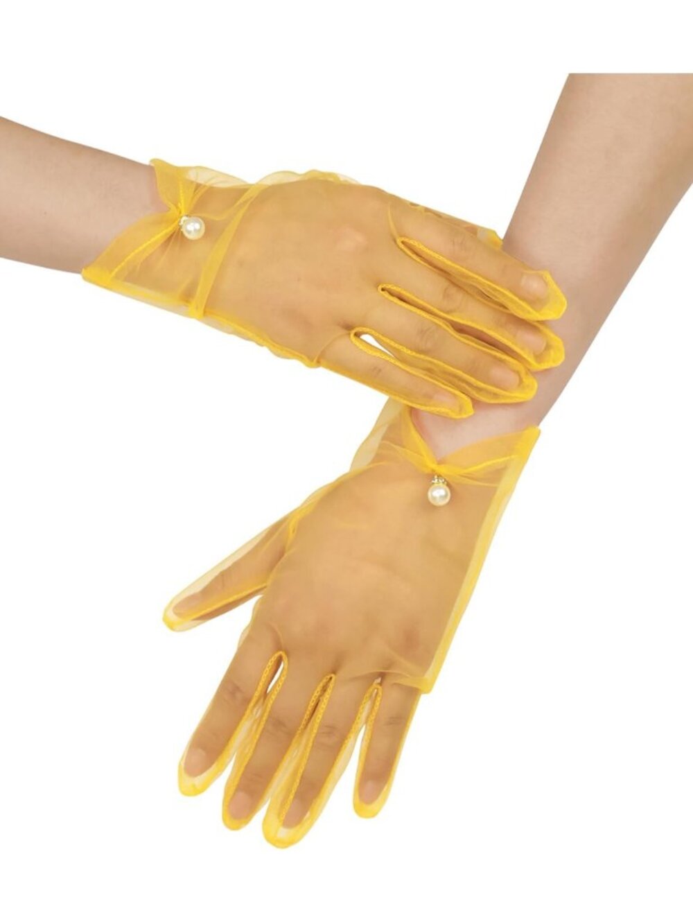 Women's Yellow Short Pearl 1920s Formal Bridal Wedding Wrist Tulle Gloves